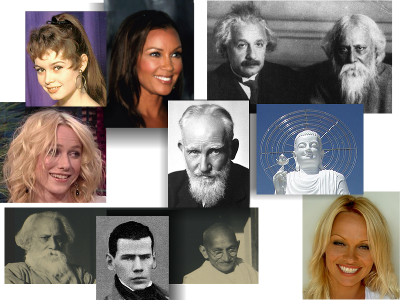 de cima para baixo e da esquerda para a direita, jovem Brigitte Bardot, Vanessa Williams, Dr. Albert Einstein com Rabindranath Tagore, Naomi Watts, George Bernard Shaw, Buda Shakyamuni, Rabindranath Tagore com Mahatma Gandhi, jovem L&eacute;on Tolst&oacute;i e Pamela Anderson